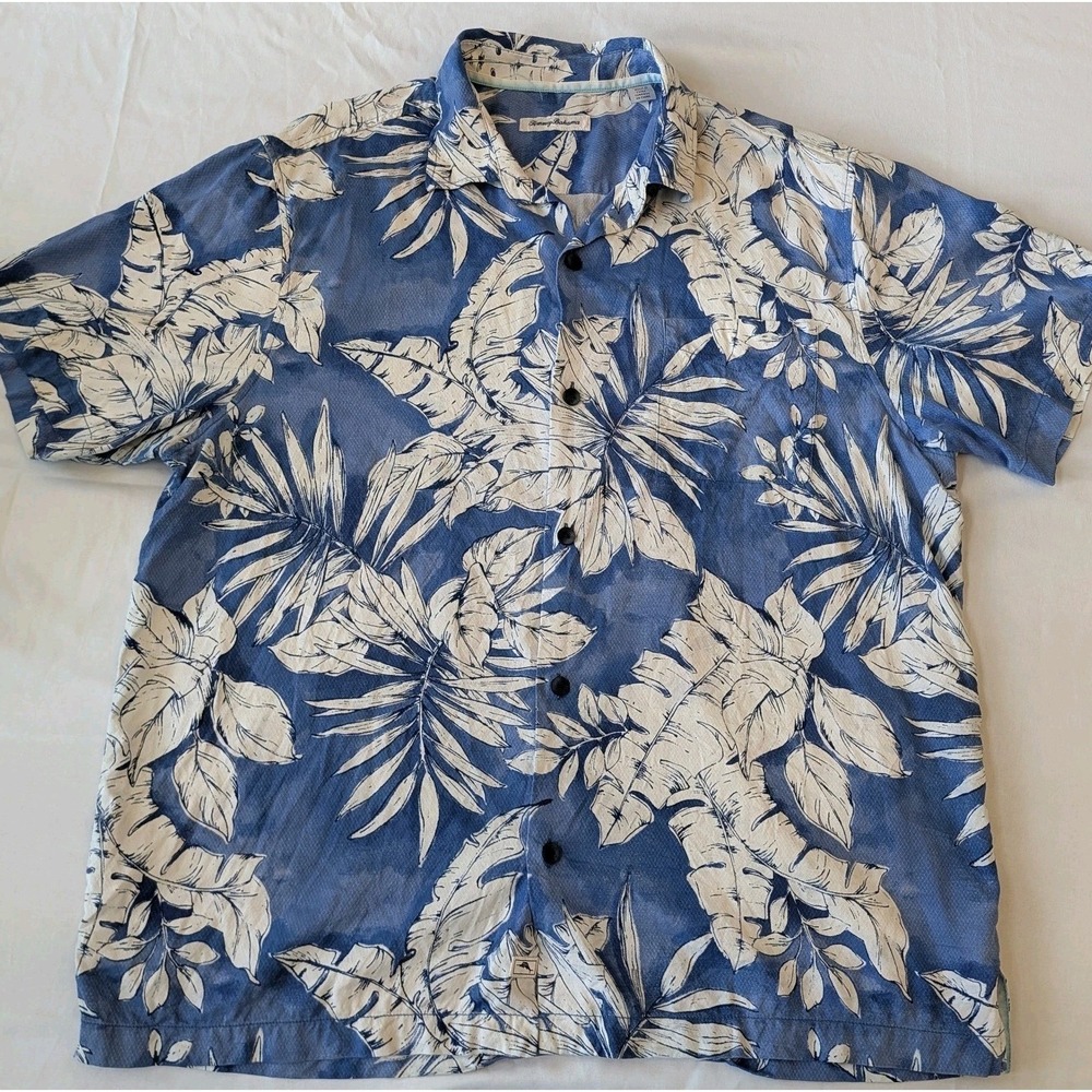 Tommy Bahama Shirt Men's XL Blue Floral Silk Hawaiian S/S Button Up Aloha